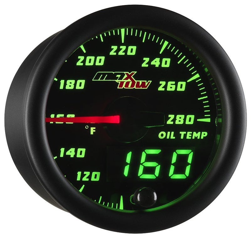 MaxTow Double Vision 280 F Oil Temperature Gauge Kit - Includes Electronic Sensor - Black Gauge Face - Green LED Illuminated Dial - Analog & Digital Readouts - for Trucks - 2-1/16" 52mm - Image 1